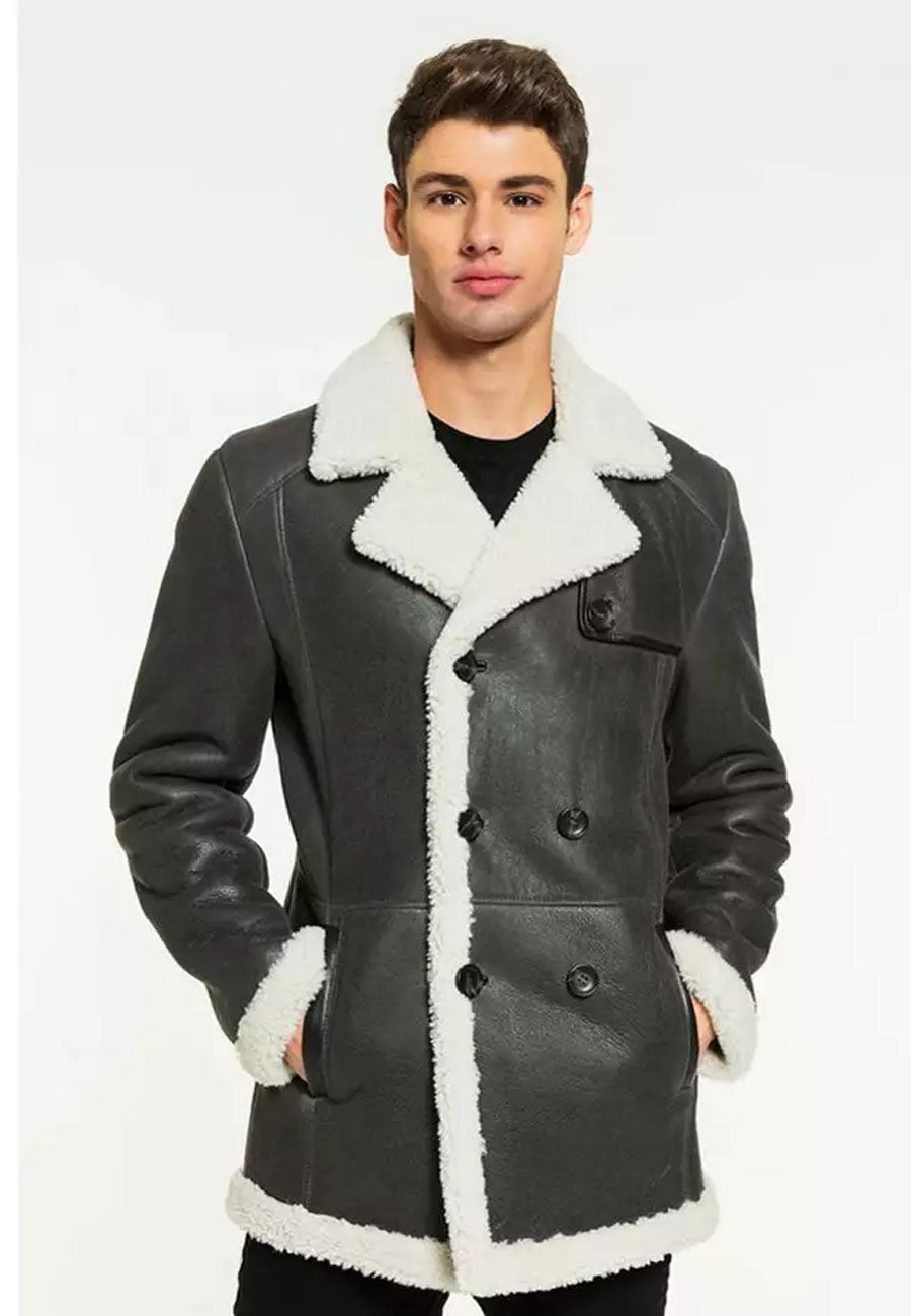 Black Leather White Shearling Long Coat