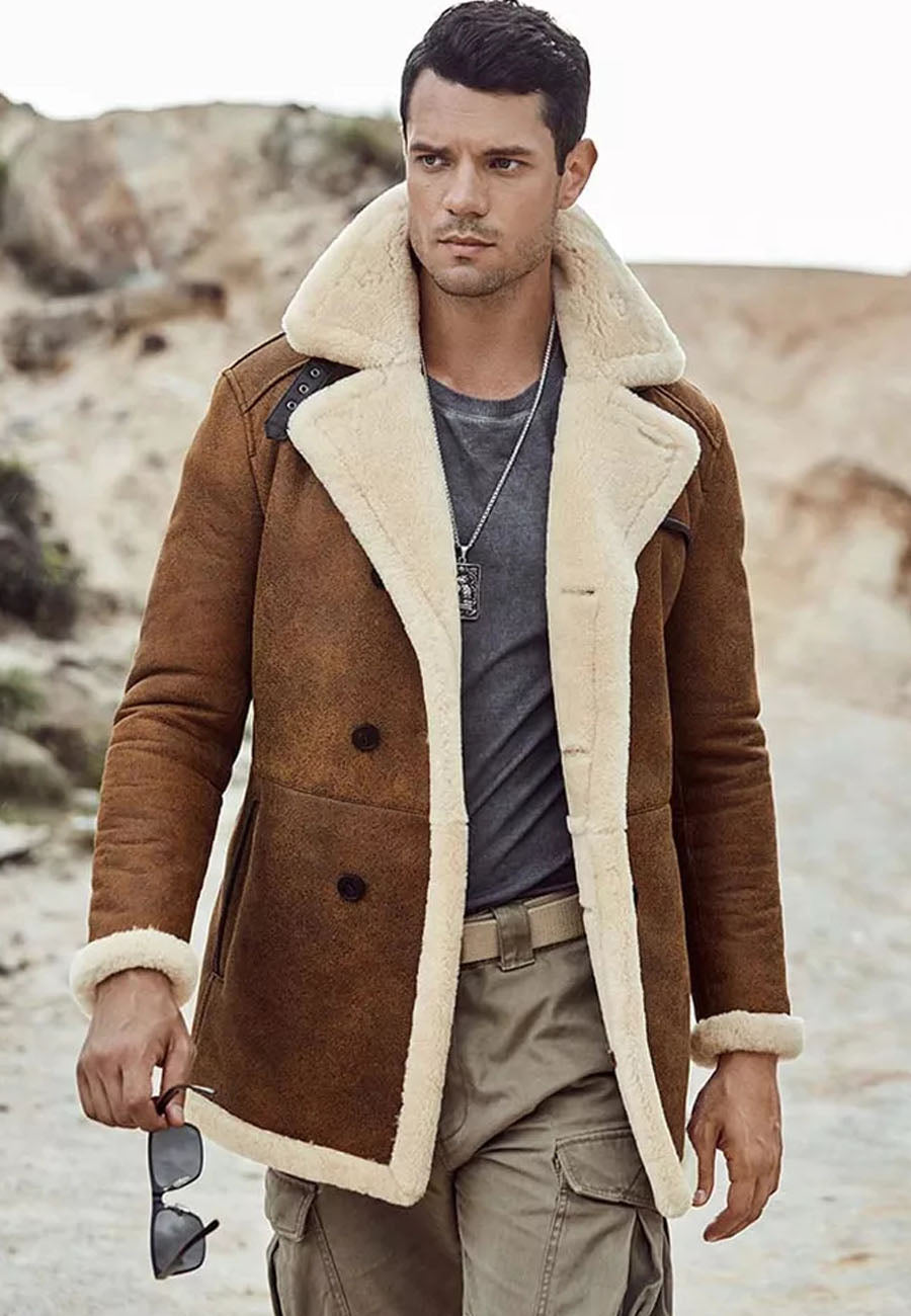 Camel Brown Leather Shearling Long Coat