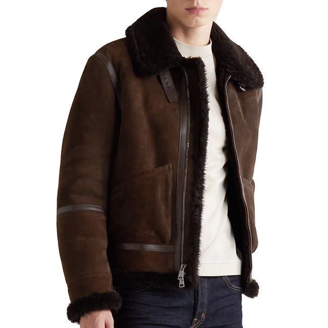 Brown Leather-Trimmed Shearling Jacket